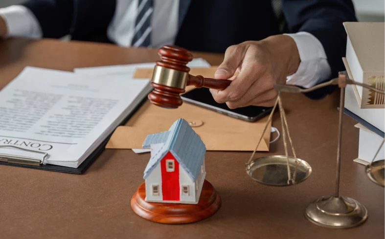 Judge's gavel with scales and house